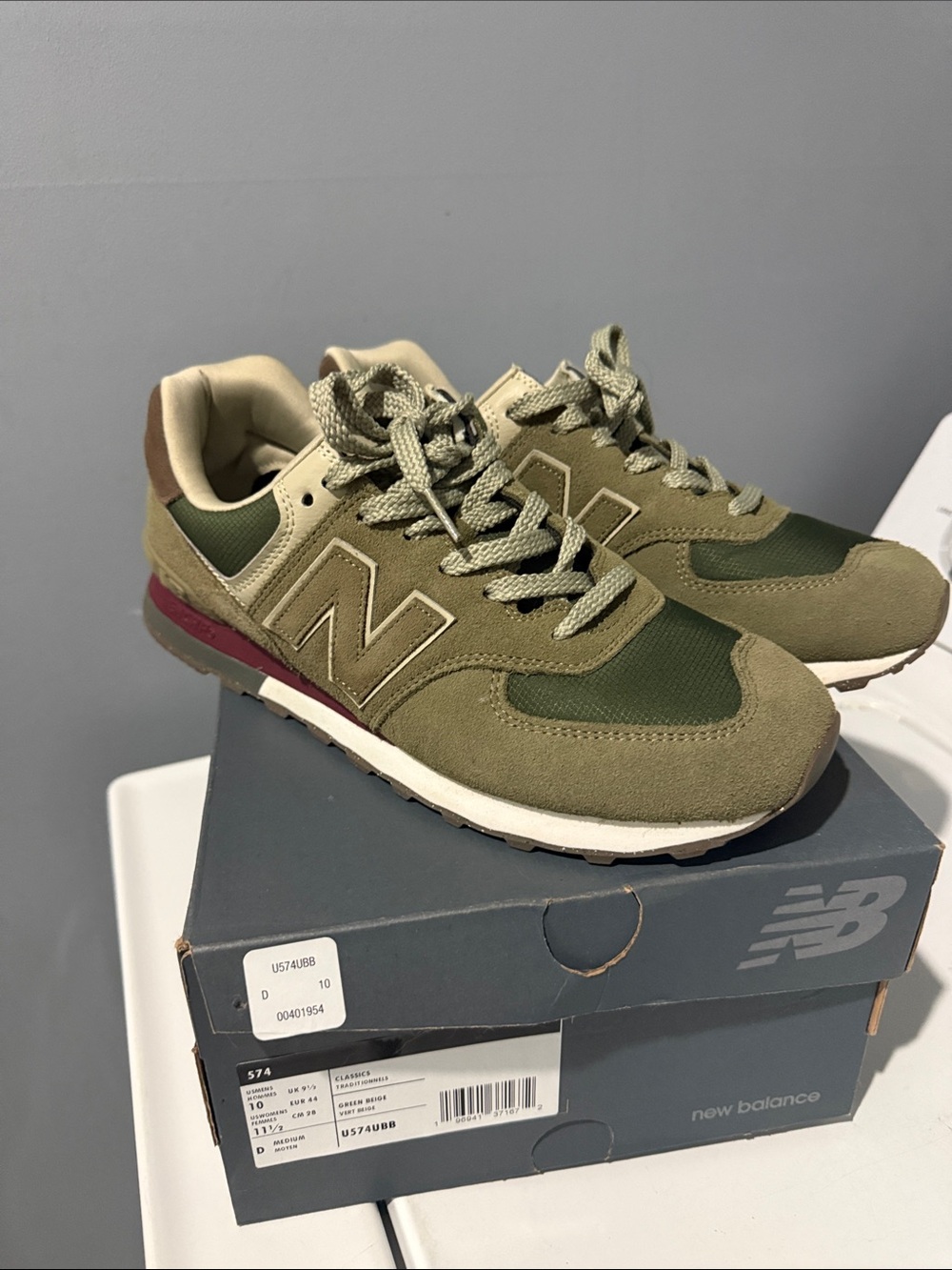 New Balance Olive and Tan “Green Beige” Retro 574 Sneakers with Burgundy Accent